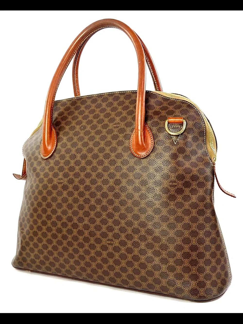 Celine Brown Patterned Dome Satchel with Tan Leather Handles